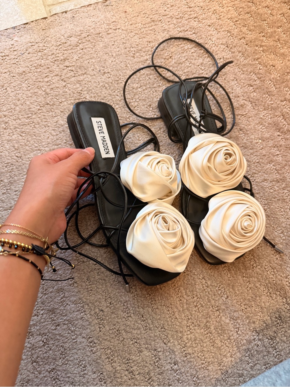 Steve Madden Black Lace-Up Sandals with Cream Floral Rosettes